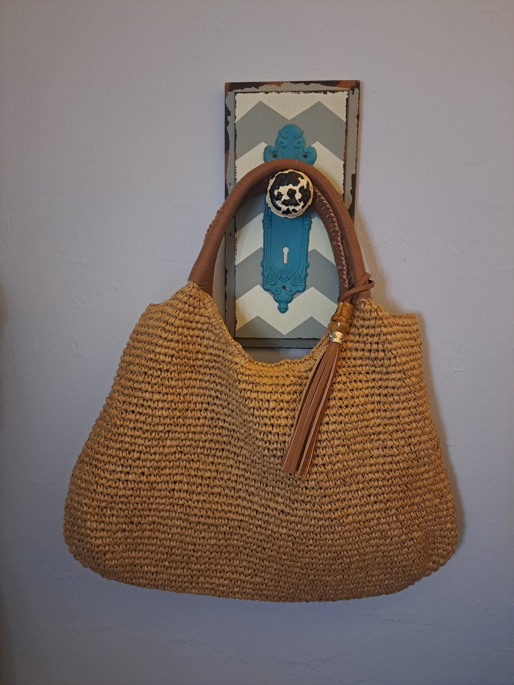 Straw Studios Woven Straw Tote in Tan with Brown Handles